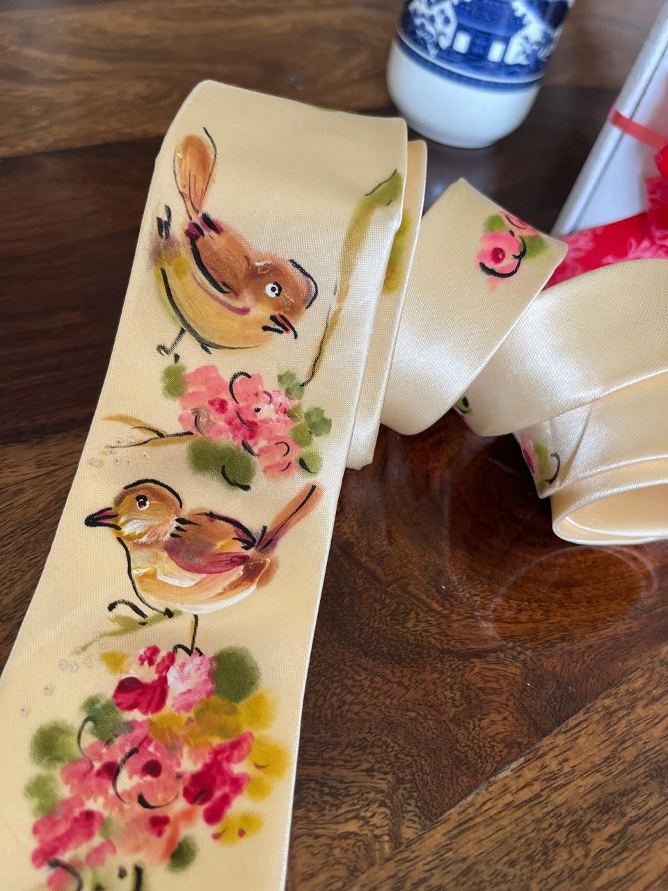 Pure Silk Handpainted Tie- Cream