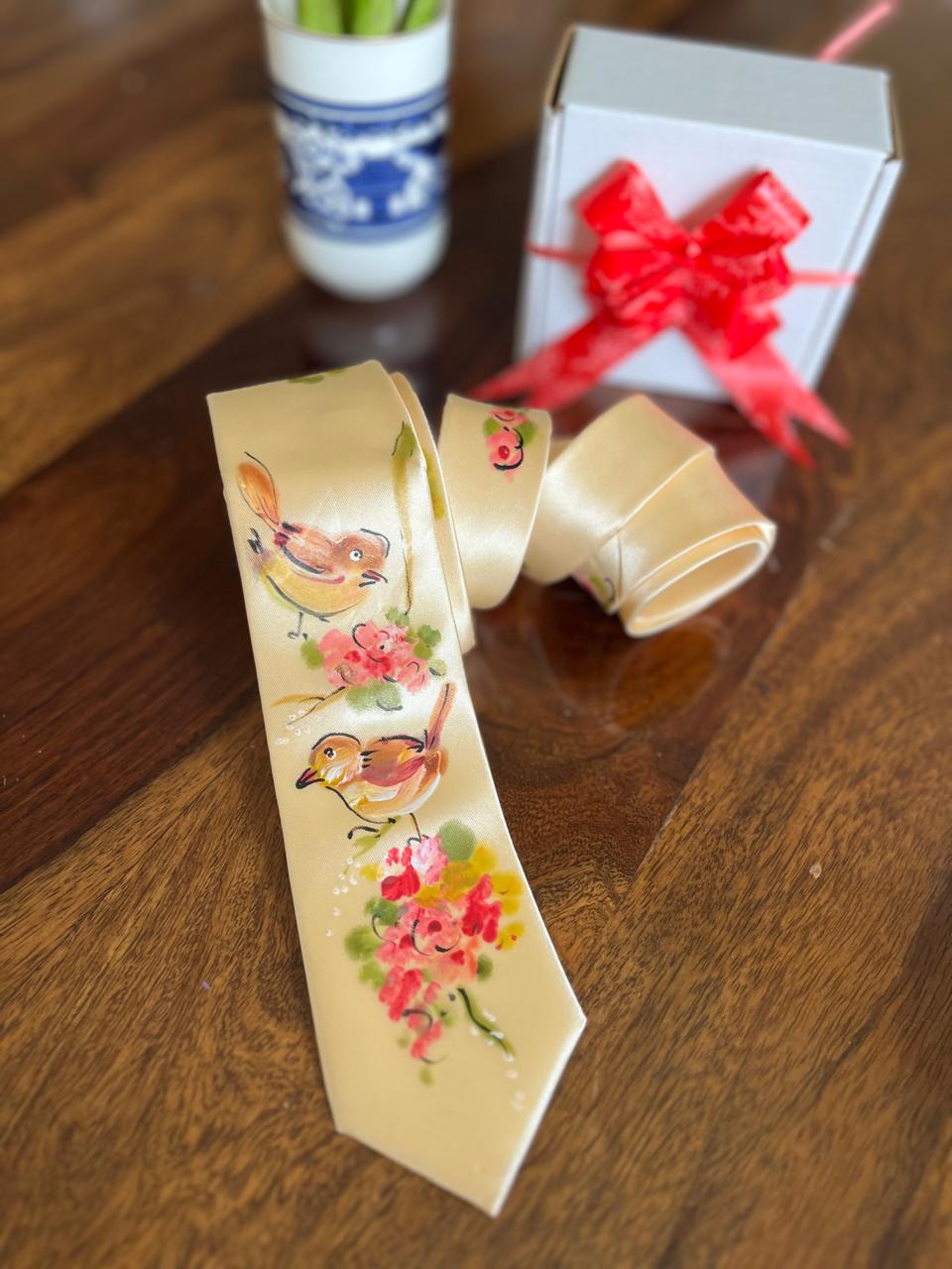 Pure Silk Handpainted Tie- Cream