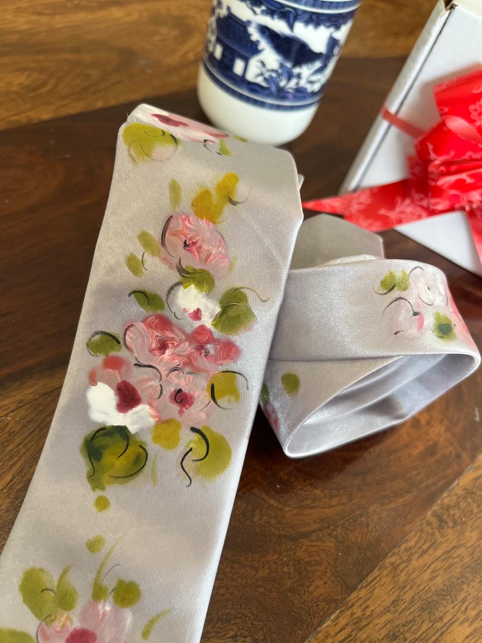 Pure Silk Handpainted Tie-Silver Grey