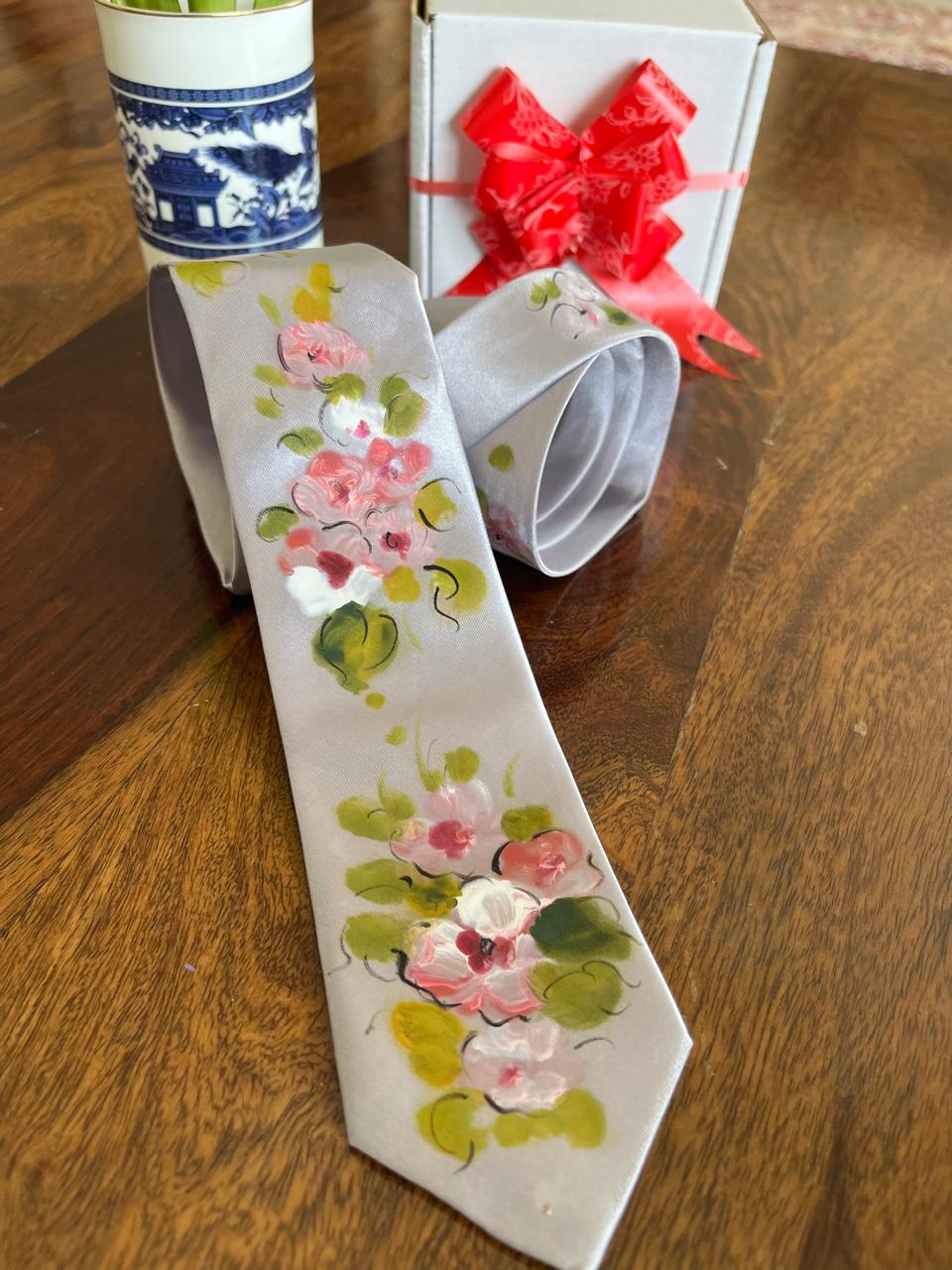 Pure Silk Handpainted Tie-Silver Grey