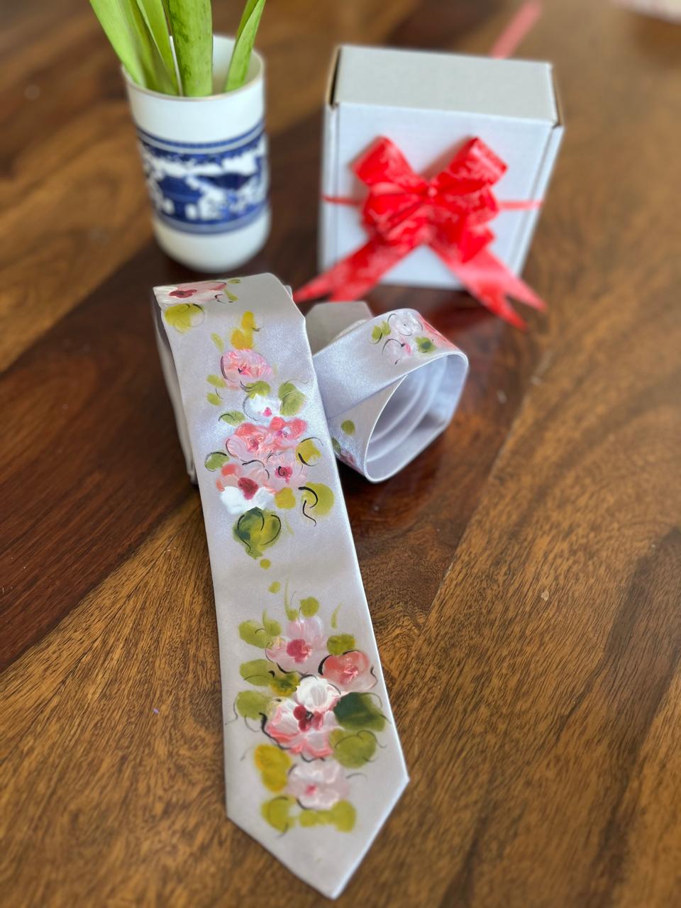 Pure Silk Handpainted Tie-Silver Grey