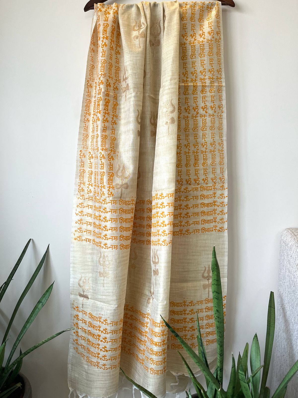 Beautiful Handblock Printed Dupatta - Om Namah Shivay print - Beige with Yellow