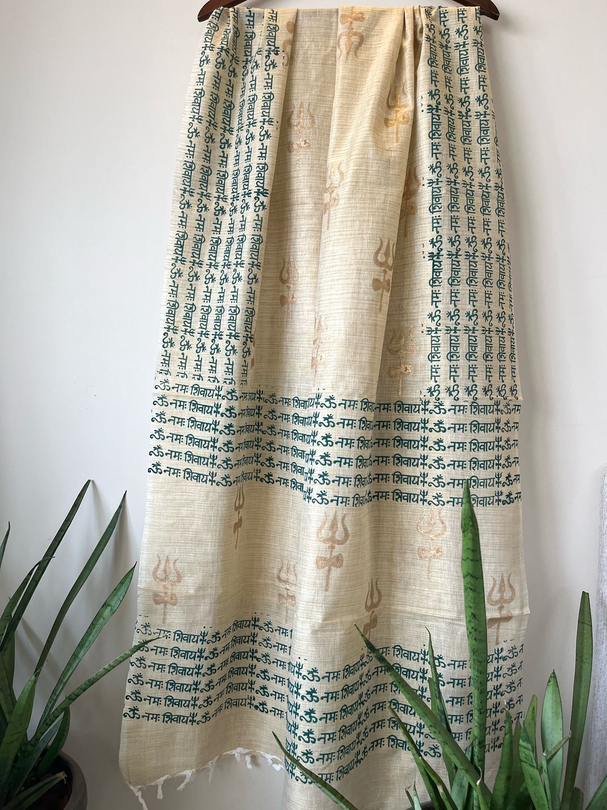 Beautiful Handblock Printed Dupatta - Om Namah Shivay print - Beige with Green