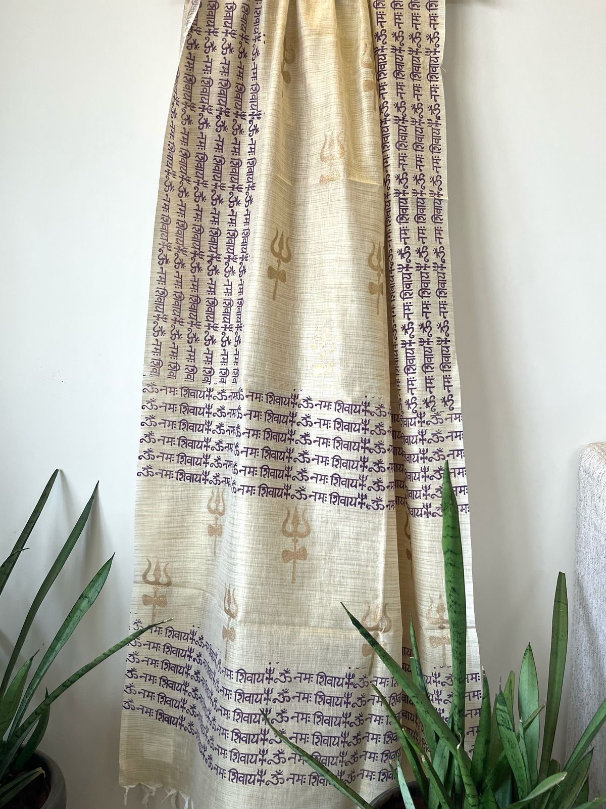 Beautiful Handblock Printed Dupatta - Om Namah Shivay print - Beige with Purple