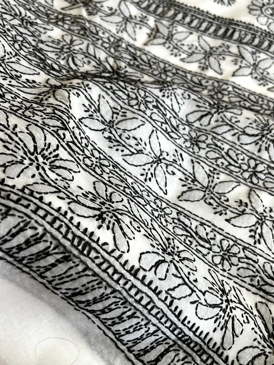 Pure Cotton Hand Work Chikankari Embroidery Saree- White with Black
