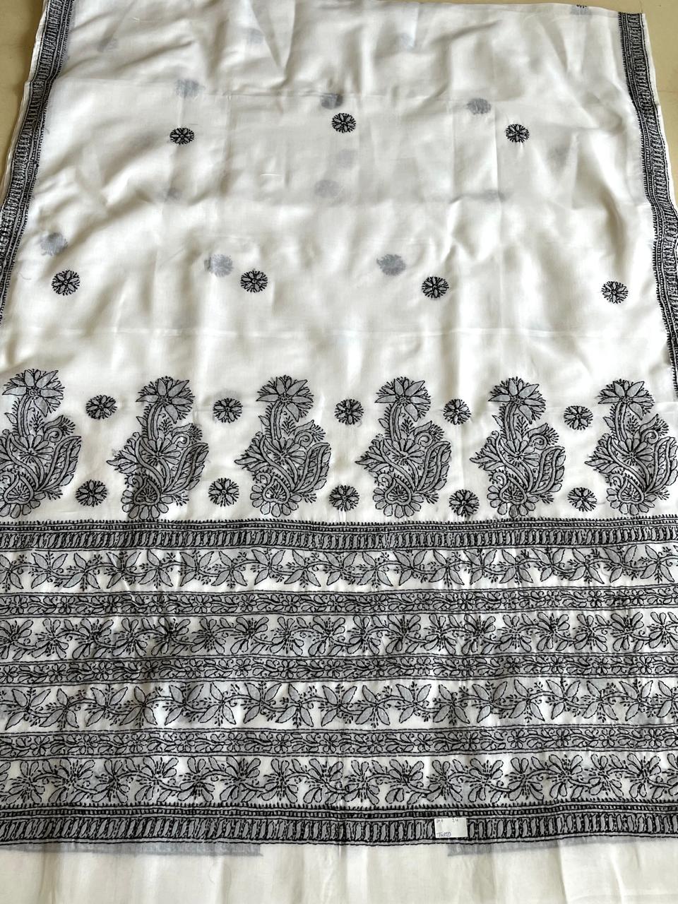 Pure Cotton Hand Work Chikankari Embroidery Saree- White with Black