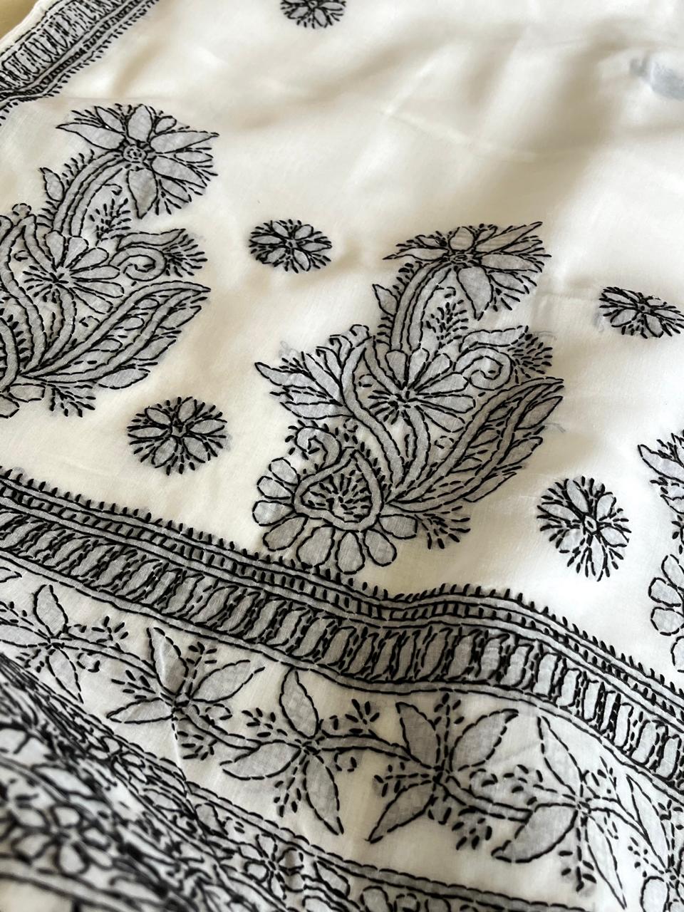 Pure Cotton Hand Work Chikankari Embroidery Saree- White with Black