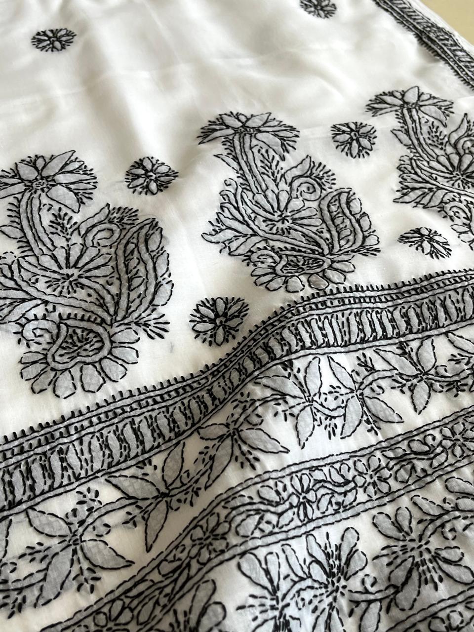 Pure Cotton Hand Work Chikankari Embroidery Saree- White with Black