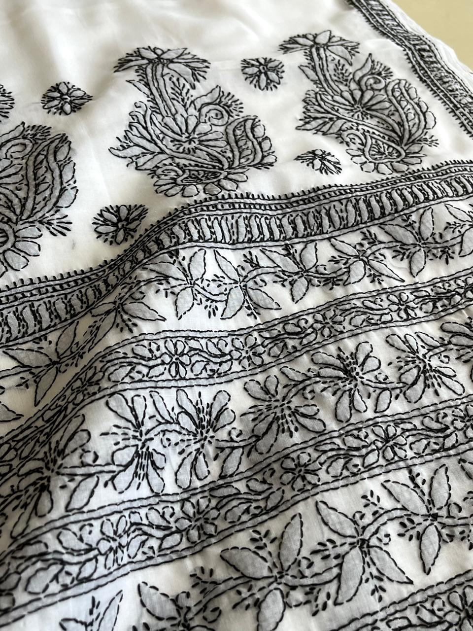 Pure Cotton Hand Work Chikankari Embroidery Saree- White with Black