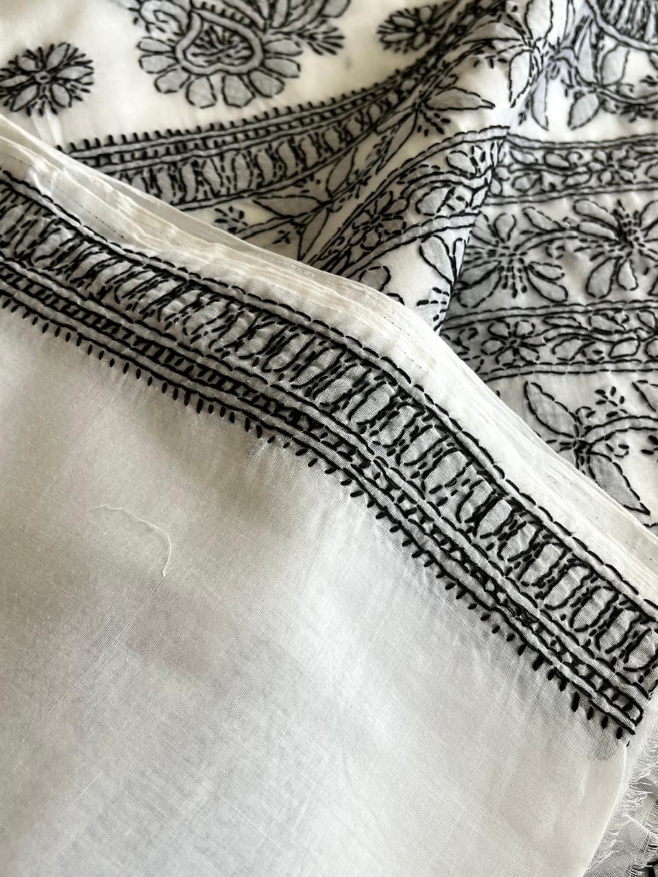 Pure Cotton Hand Work Chikankari Embroidery Saree- White with Black