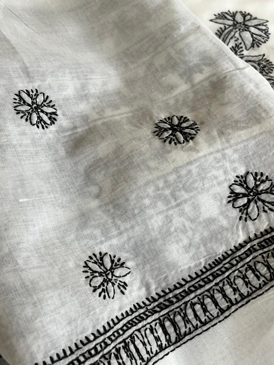 Pure Cotton Hand Work Chikankari Embroidery Saree- White with Black