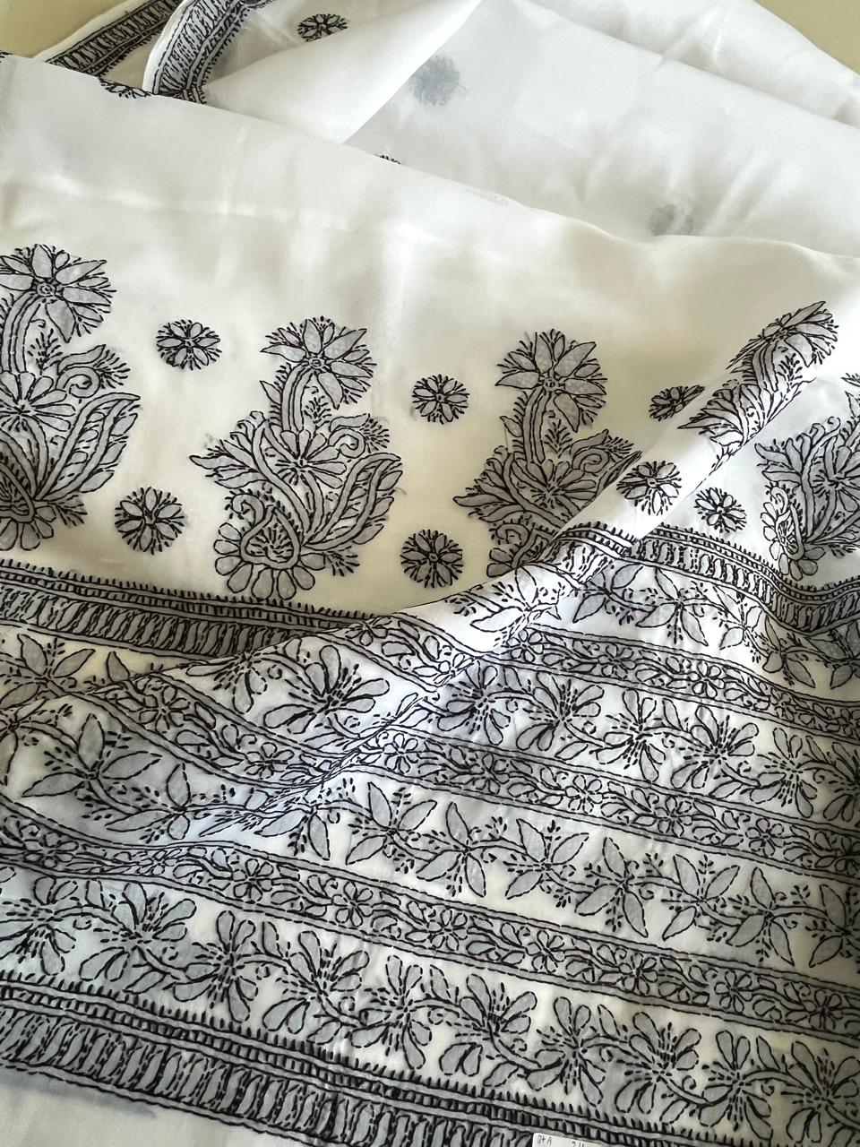 Pure Cotton Hand Work Chikankari Embroidery Saree- White with Black