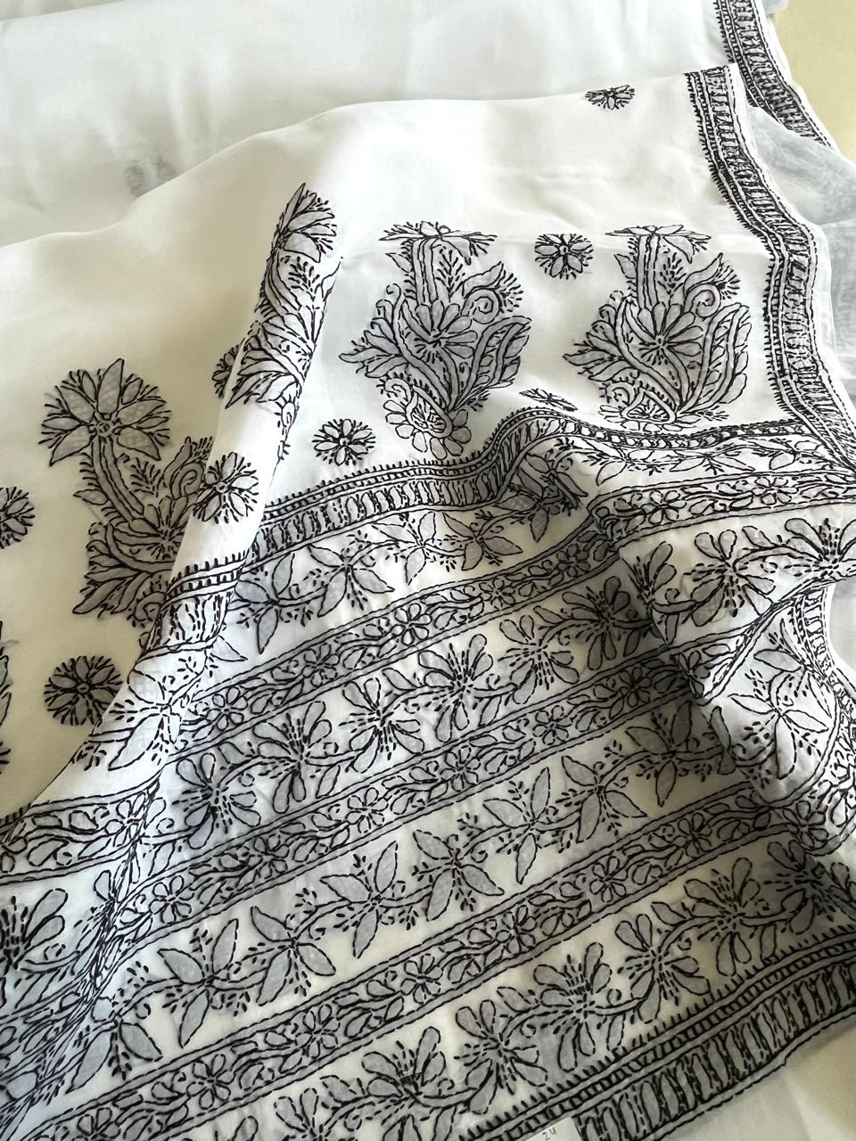 Pure Cotton Hand Work Chikankari Embroidery Saree- White with Black