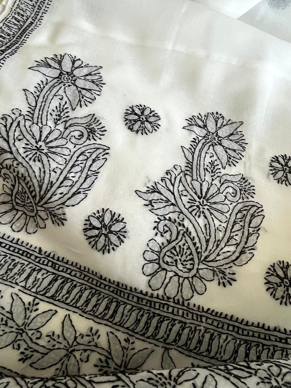 Pure Cotton Hand Work Chikankari Embroidery Saree- White with Black