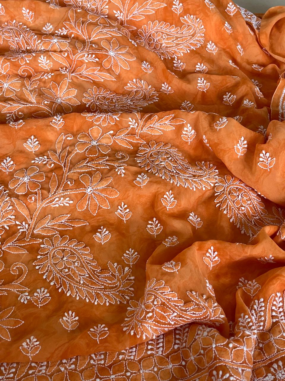 Chikankari Georgette Resham Work Saree -Orange with White