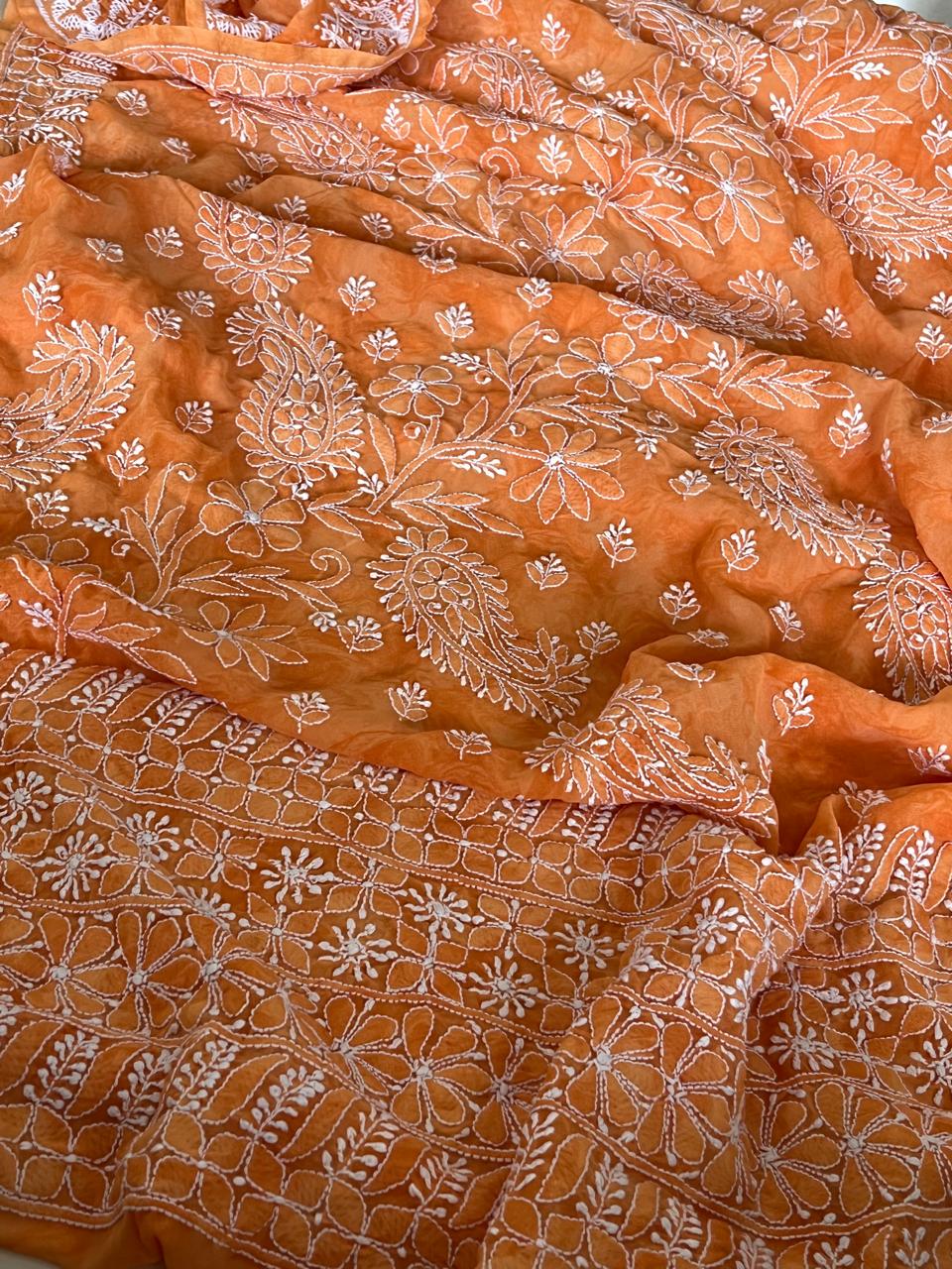 Chikankari Georgette Resham Work Saree -Orange with White