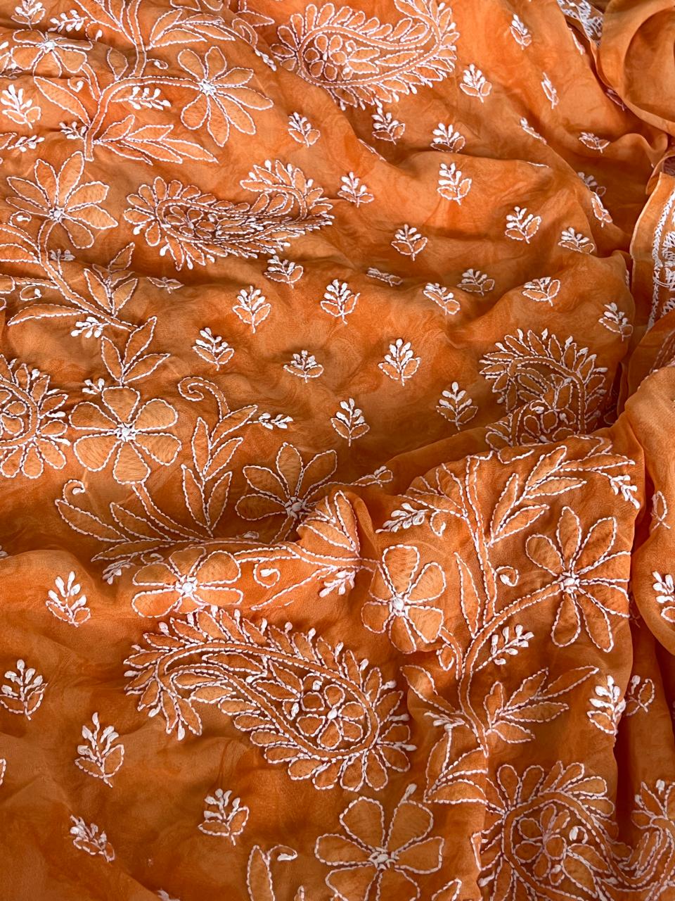Chikankari Georgette Resham Work Saree -Orange with White