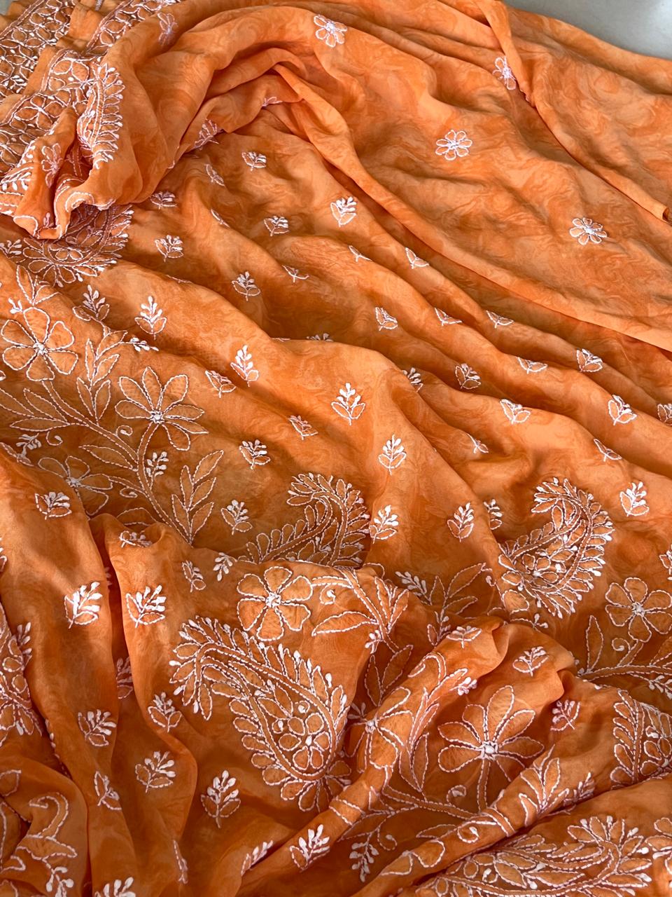 Chikankari Georgette Resham Work Saree -Orange with White