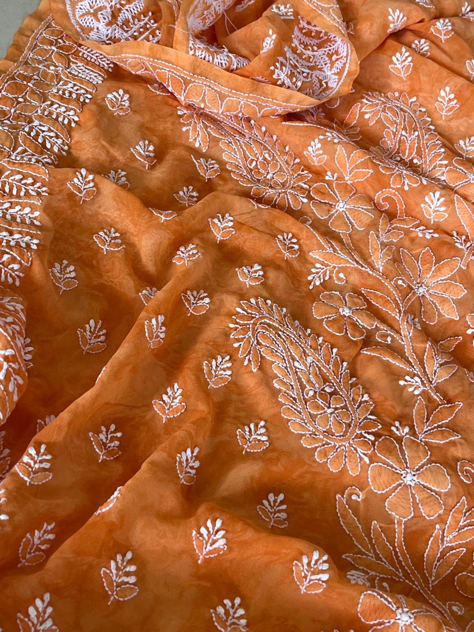 Chikankari Georgette Resham Work Saree -Orange with White