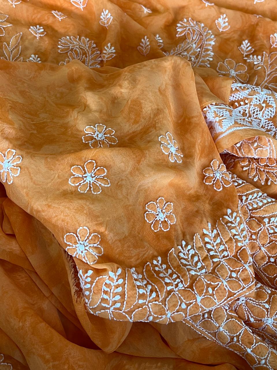 Chikankari Georgette Resham Work Saree -Orange with White