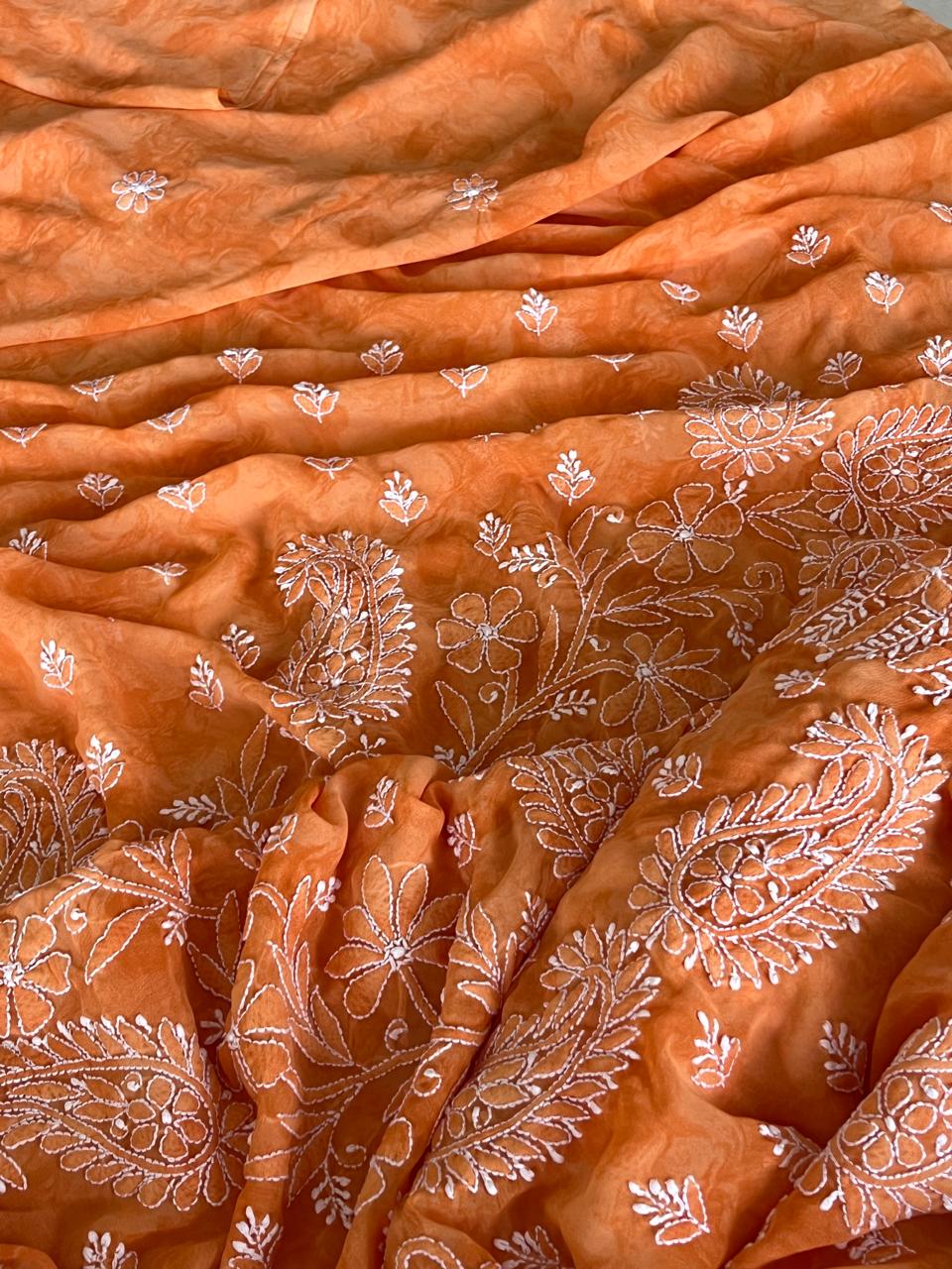 Chikankari Georgette Resham Work Saree -Orange with White