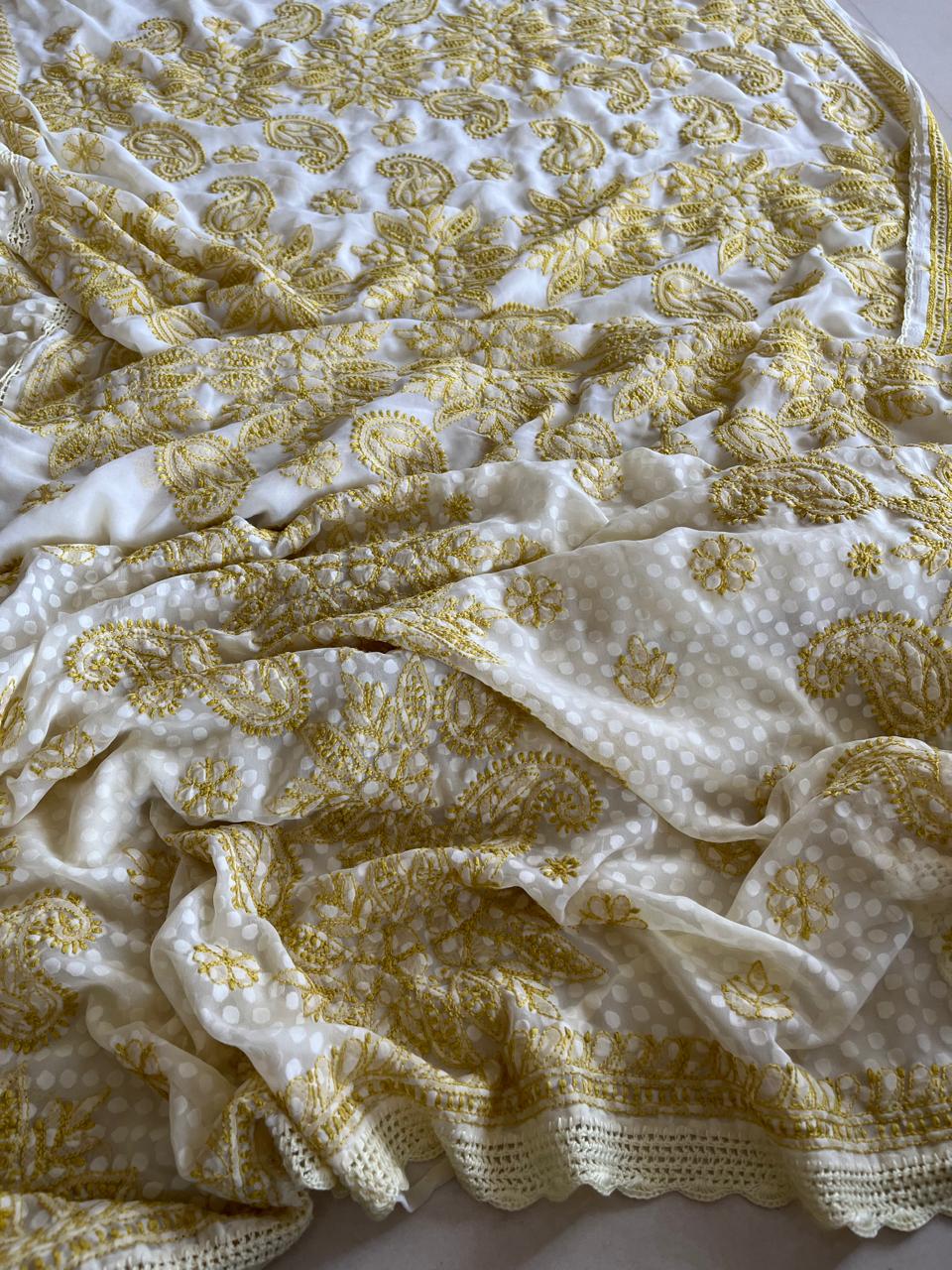 Chikankari Georgette Resham Work Saree - Ivory White with Lime