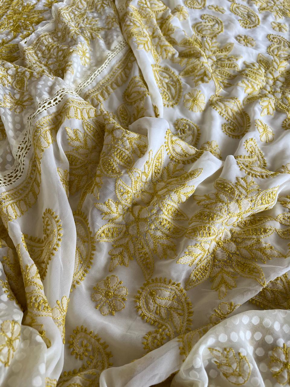 Chikankari Georgette Resham Work Saree - Ivory White with Lime