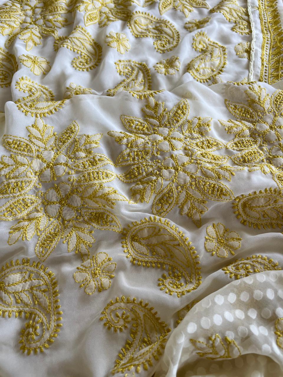 Chikankari Georgette Resham Work Saree - Ivory White with Lime