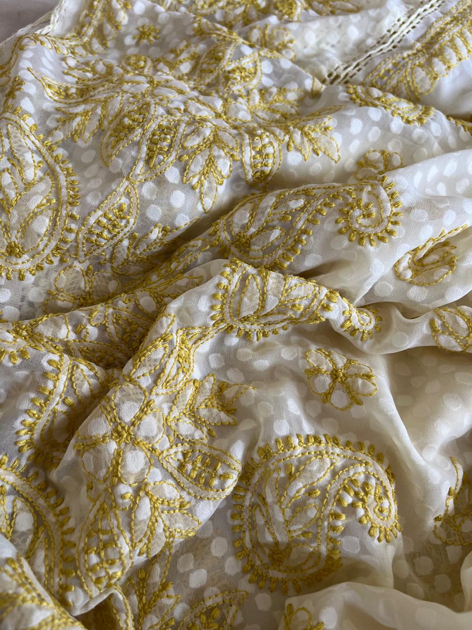 Chikankari Georgette Resham Work Saree - Ivory White with Lime