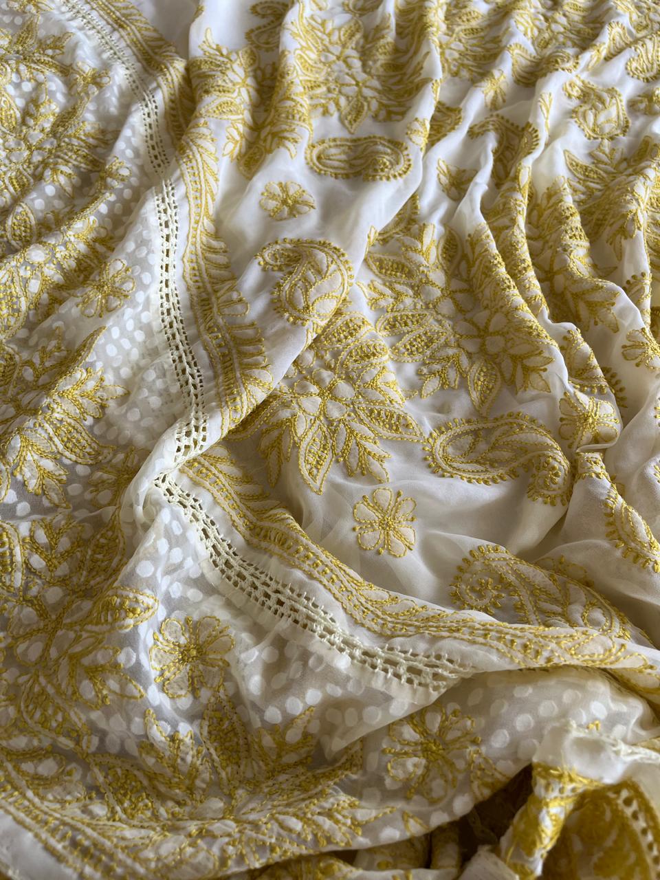 Chikankari Georgette Resham Work Saree - Ivory White with Lime