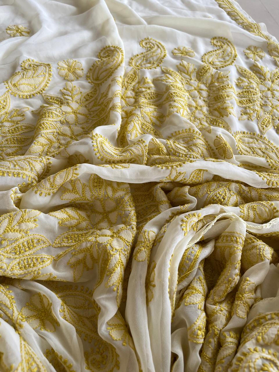 Chikankari Georgette Resham Work Saree - Ivory White with Lime