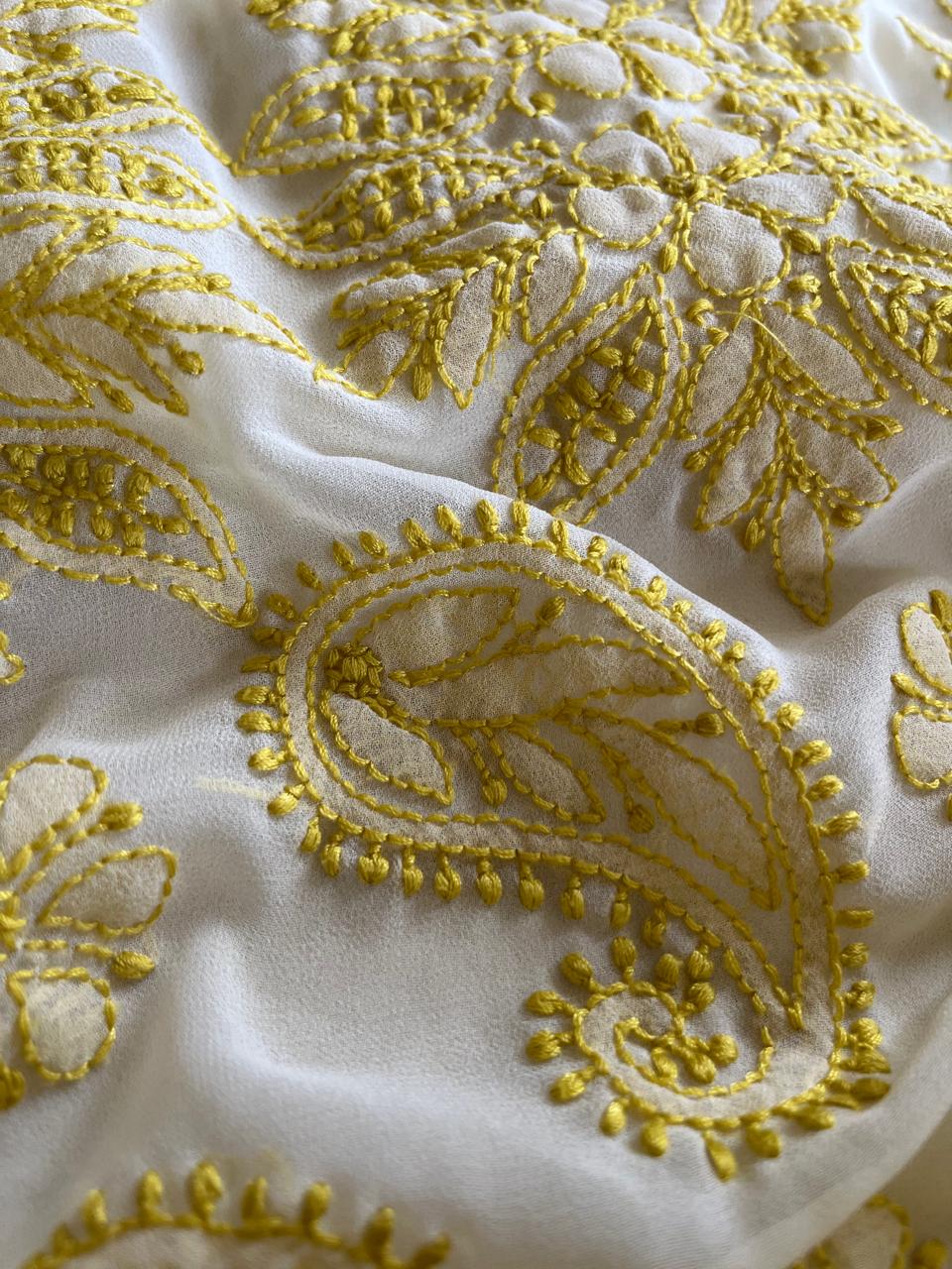 Chikankari Georgette Resham Work Saree - Ivory White with Lime