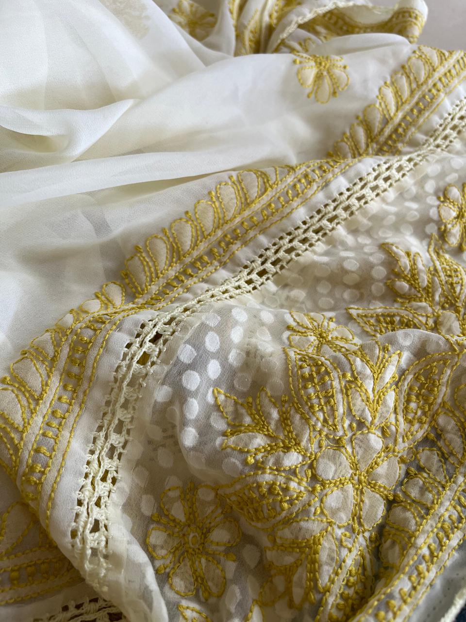 Chikankari Georgette Resham Work Saree - Ivory White with Lime