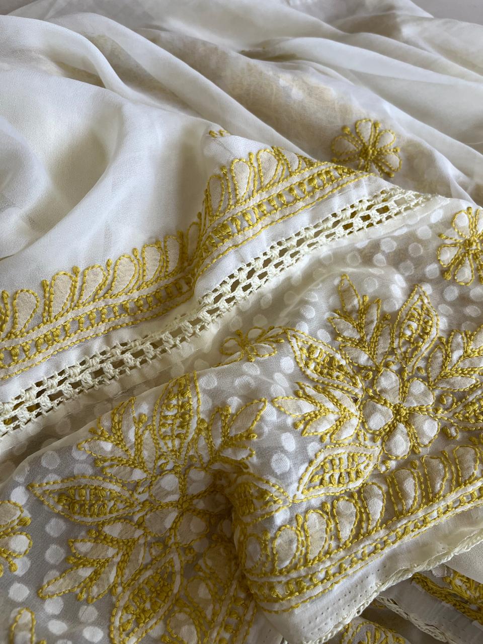 Chikankari Georgette Resham Work Saree - Ivory White with Lime