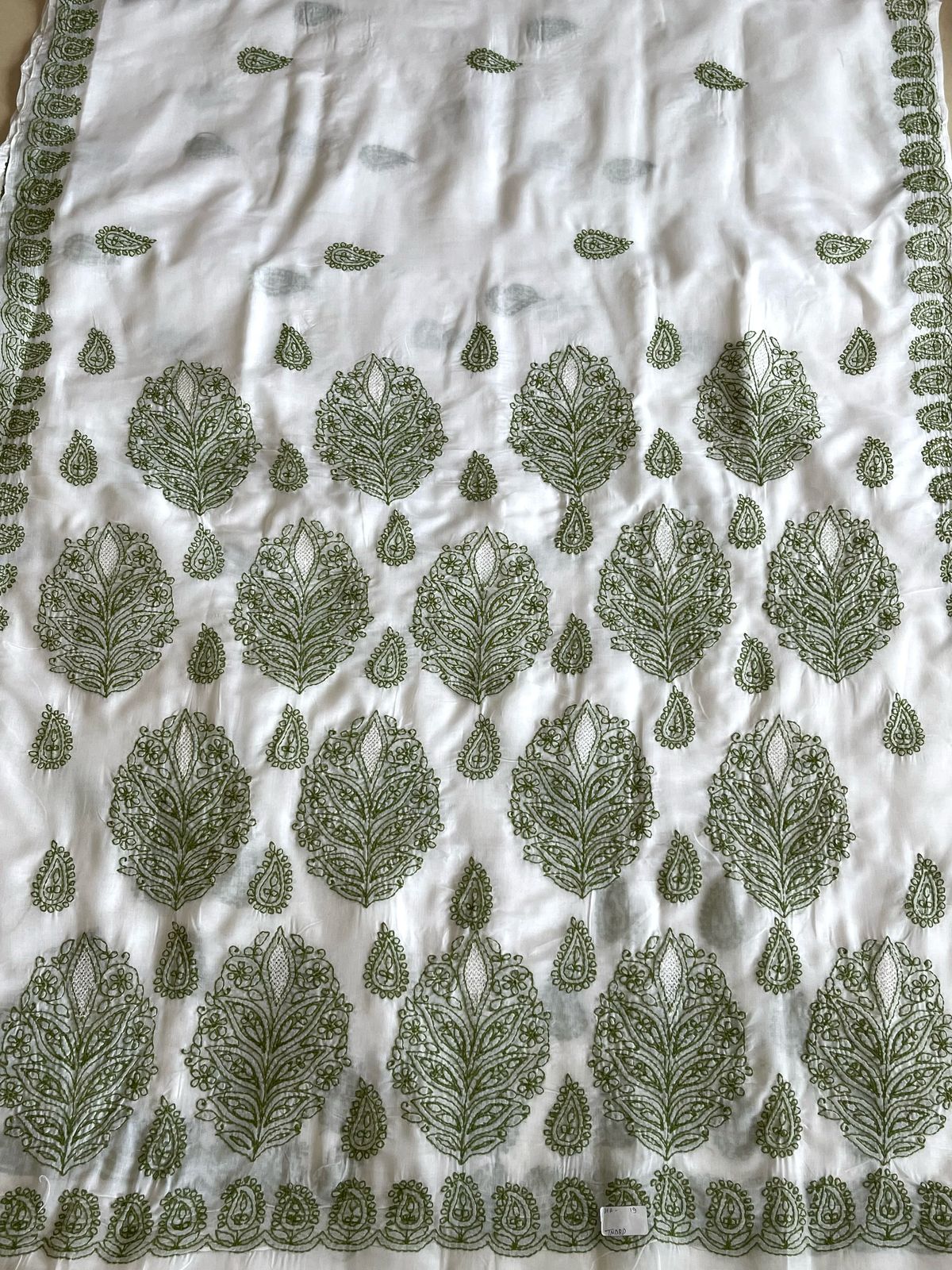 Pure Cotton Hand Chikankari Jaal Work Embroidery Saree- White with Green