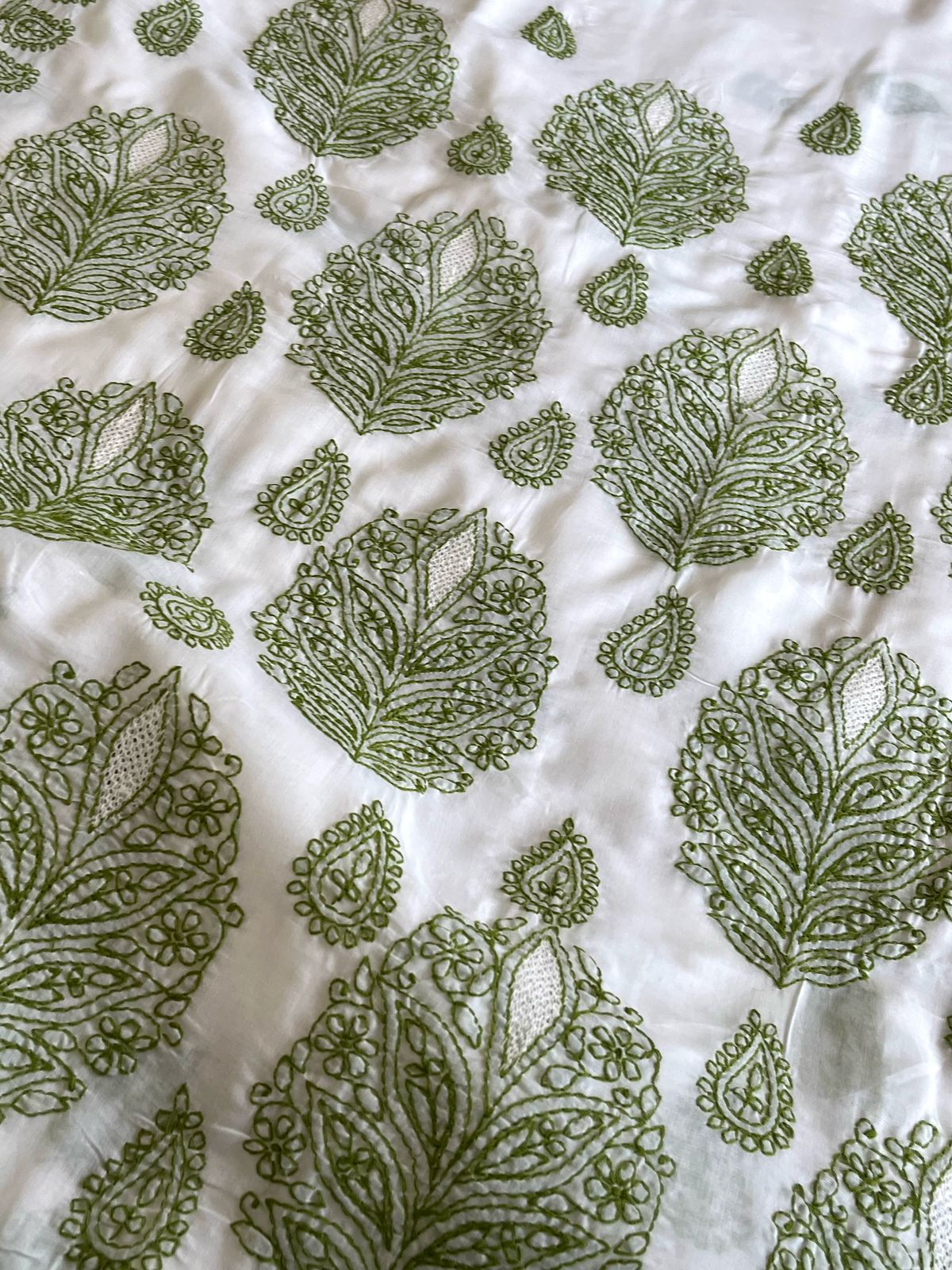 Pure Cotton Hand Chikankari Jaal Work Embroidery Saree- White with Green