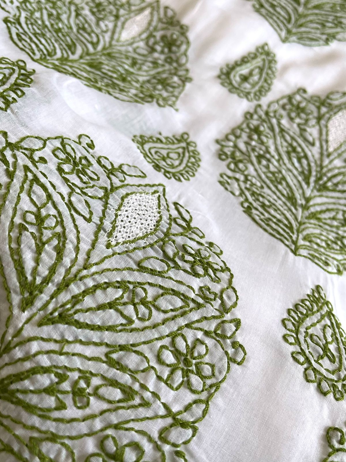 Pure Cotton Hand Chikankari Jaal Work Embroidery Saree- White with Green