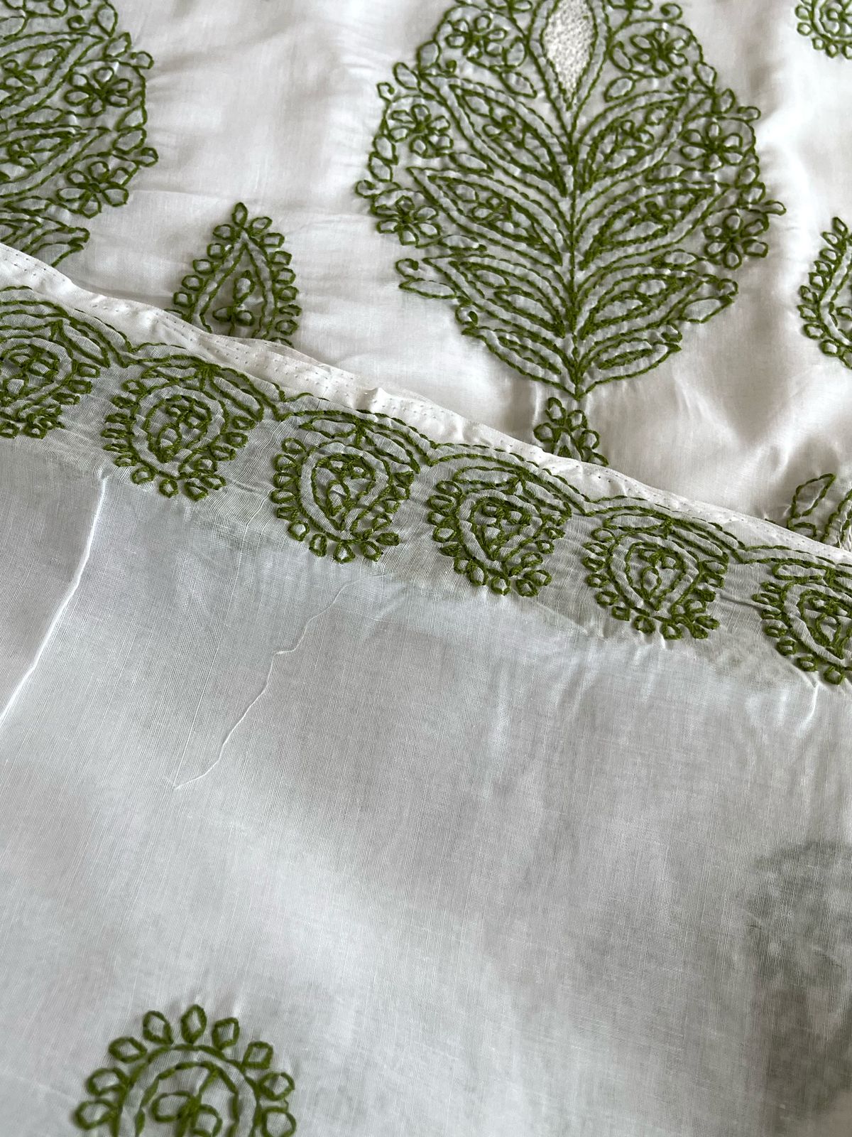 Pure Cotton Hand Chikankari Jaal Work Embroidery Saree- White with Green