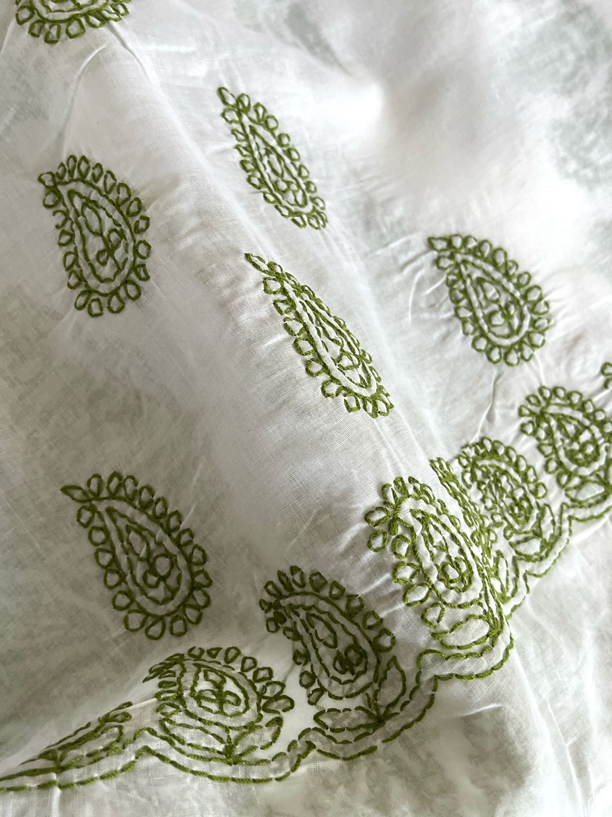 Pure Cotton Hand Chikankari Jaal Work Embroidery Saree- White with Green