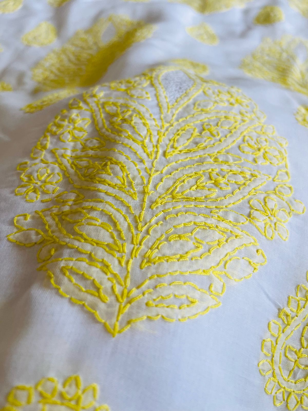 Pure Cotton Hand Chikankari Jaal Work Embroidery Saree- White with Yellow