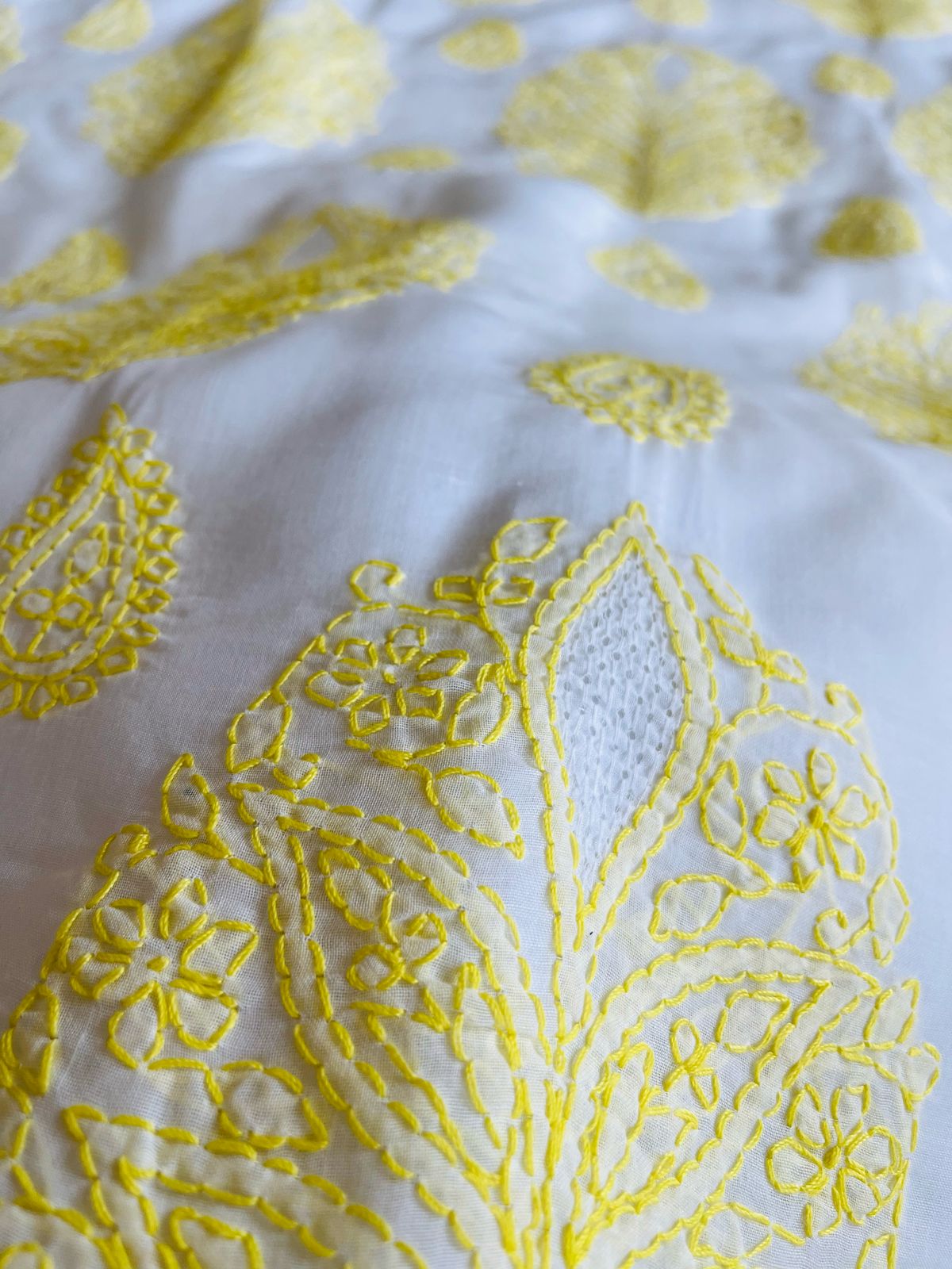 Pure Cotton Hand Chikankari Jaal Work Embroidery Saree- White with Yellow