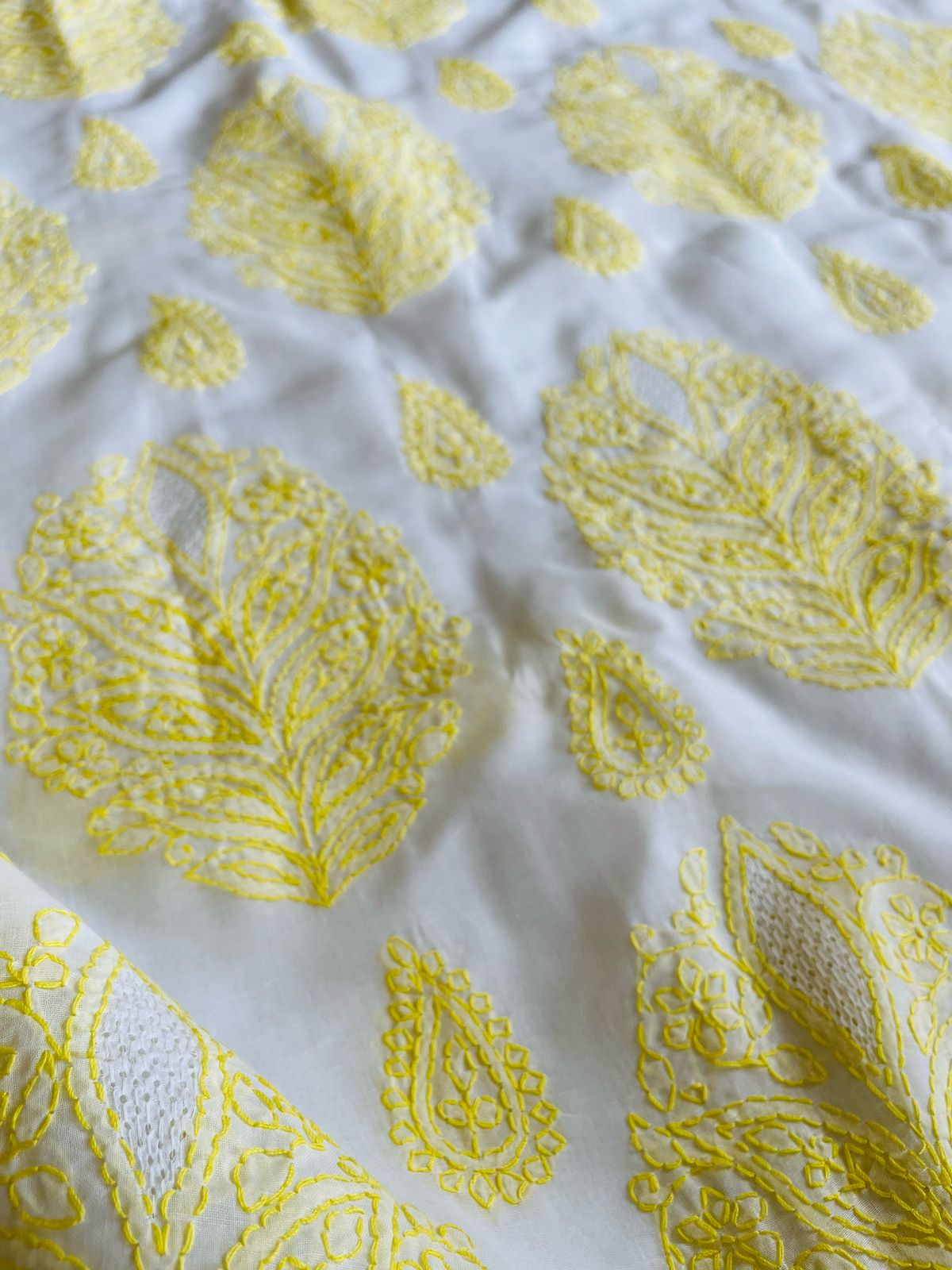 Pure Cotton Hand Chikankari Jaal Work Embroidery Saree- White with Yellow