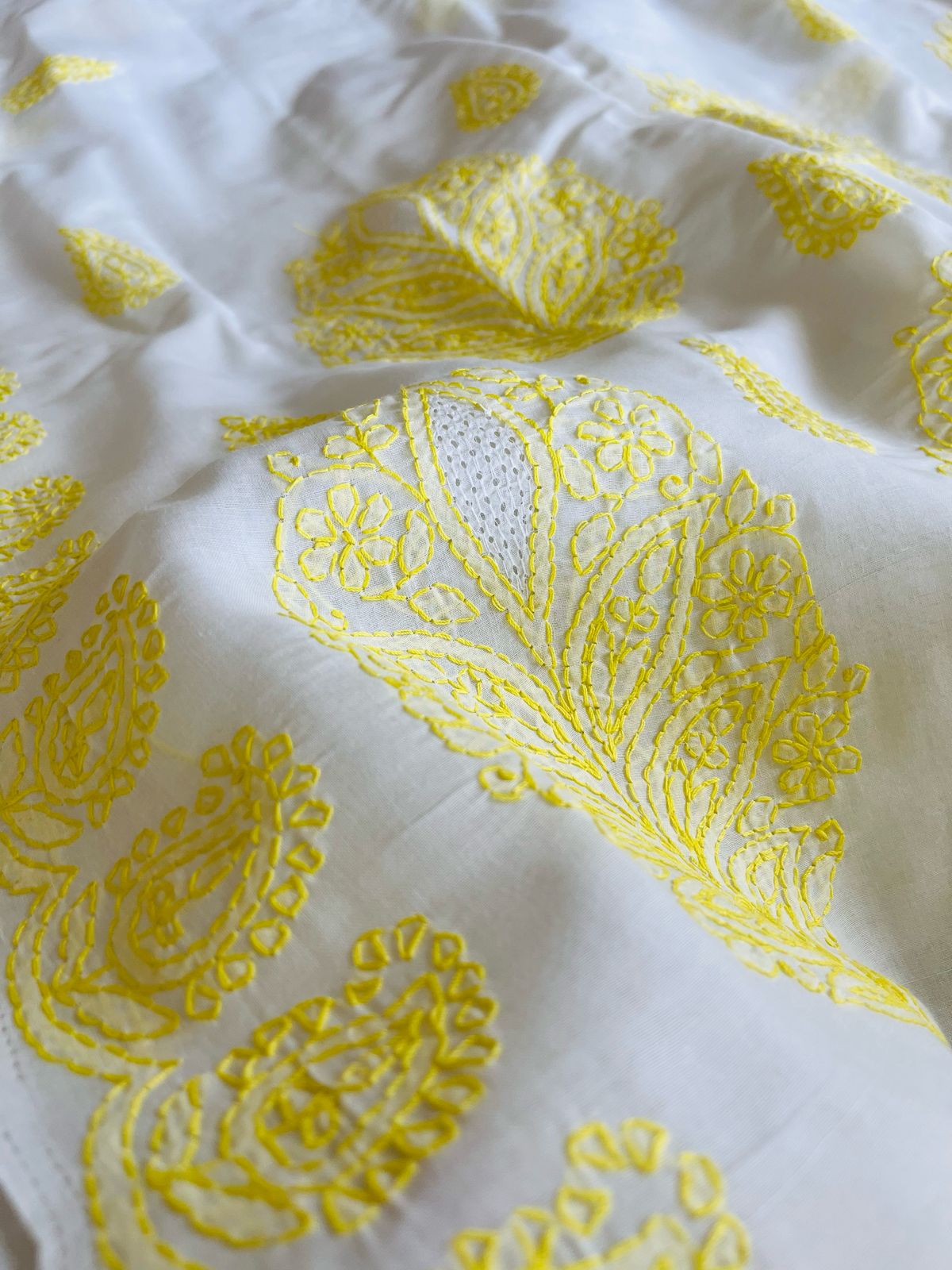 Pure Cotton Hand Chikankari Jaal Work Embroidery Saree- White with Yellow