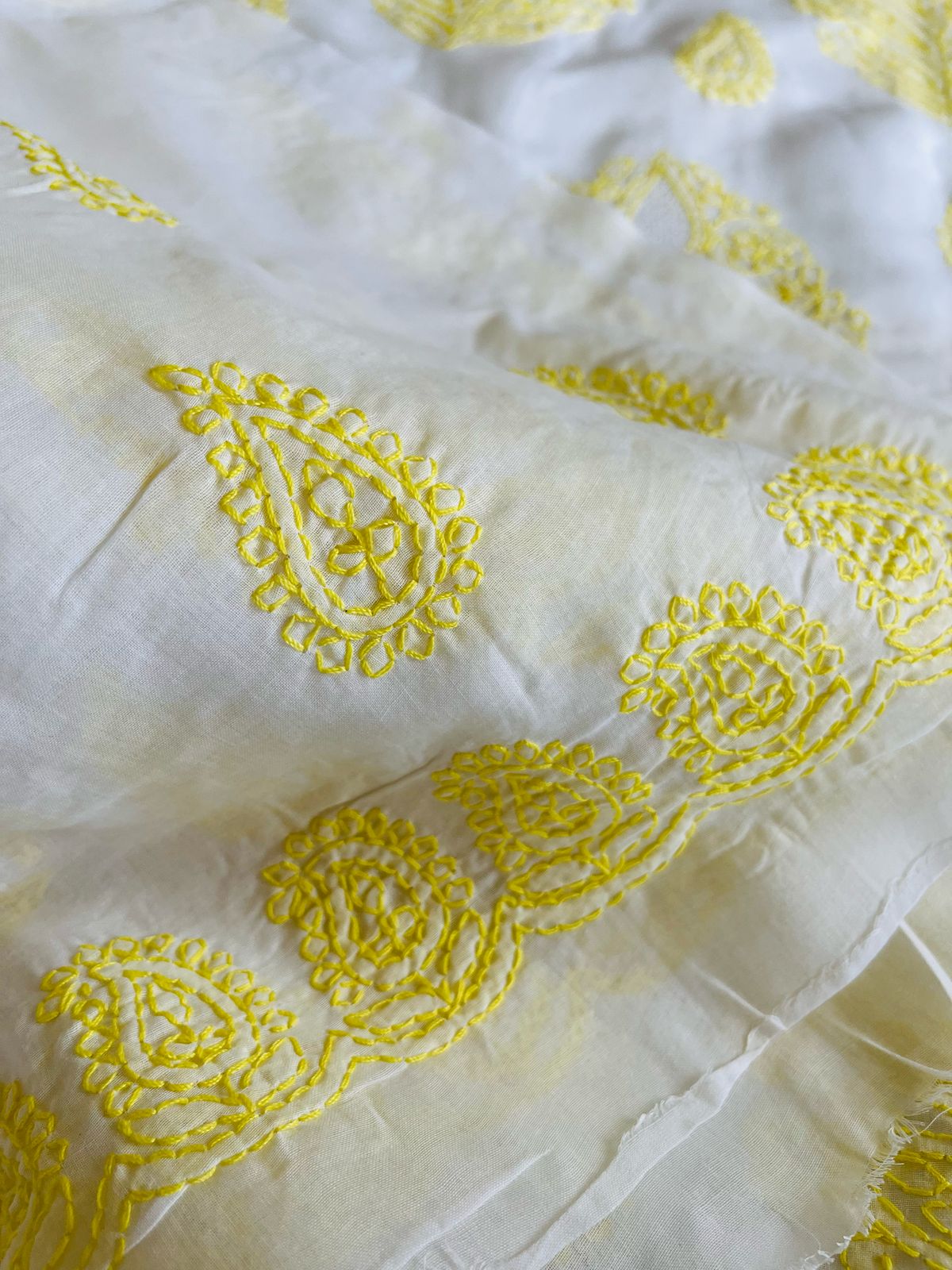 Pure Cotton Hand Chikankari Jaal Work Embroidery Saree- White with Yellow