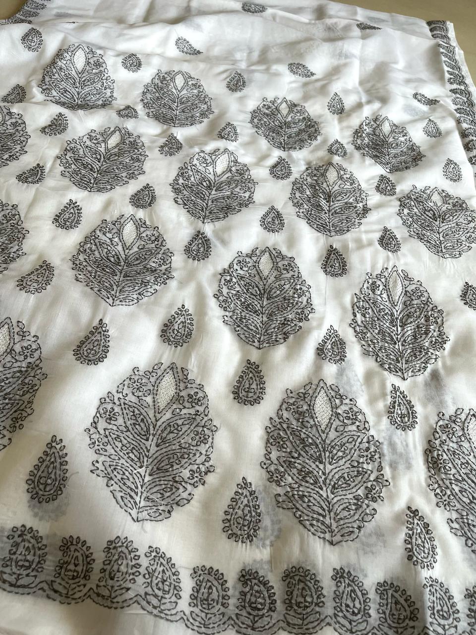 Pure Cotton Hand Chikankari Jaal Work Embroidery Saree- White with Black