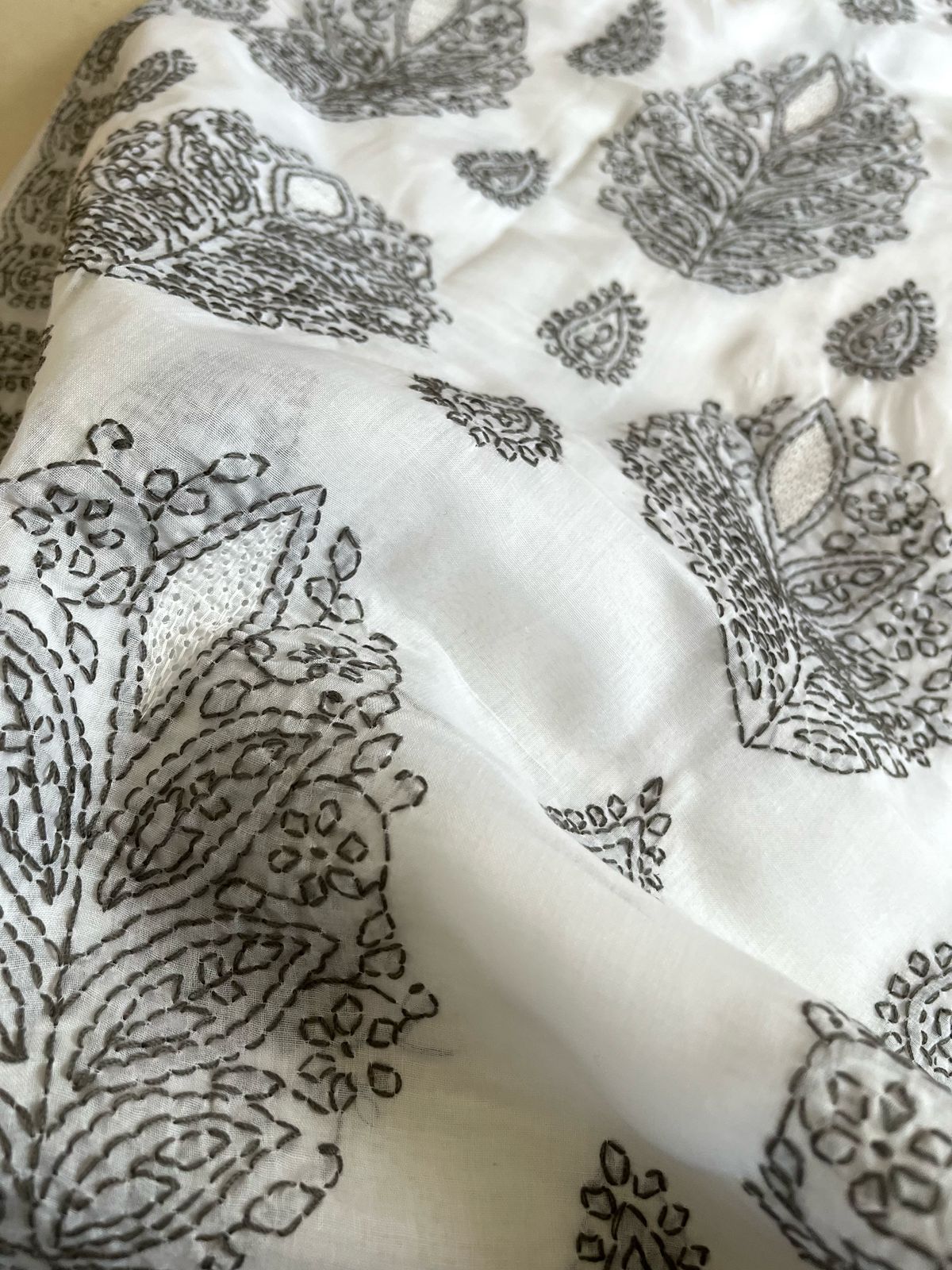 Pure Cotton Hand Chikankari Jaal Work Embroidery Saree- White with Black