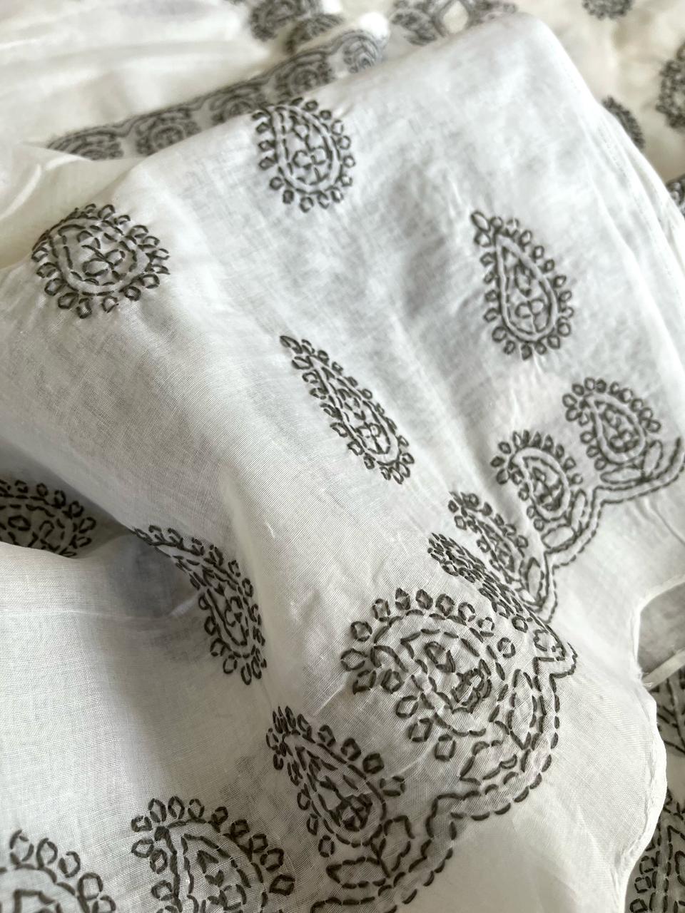 Pure Cotton Hand Chikankari Jaal Work Embroidery Saree- White with Black
