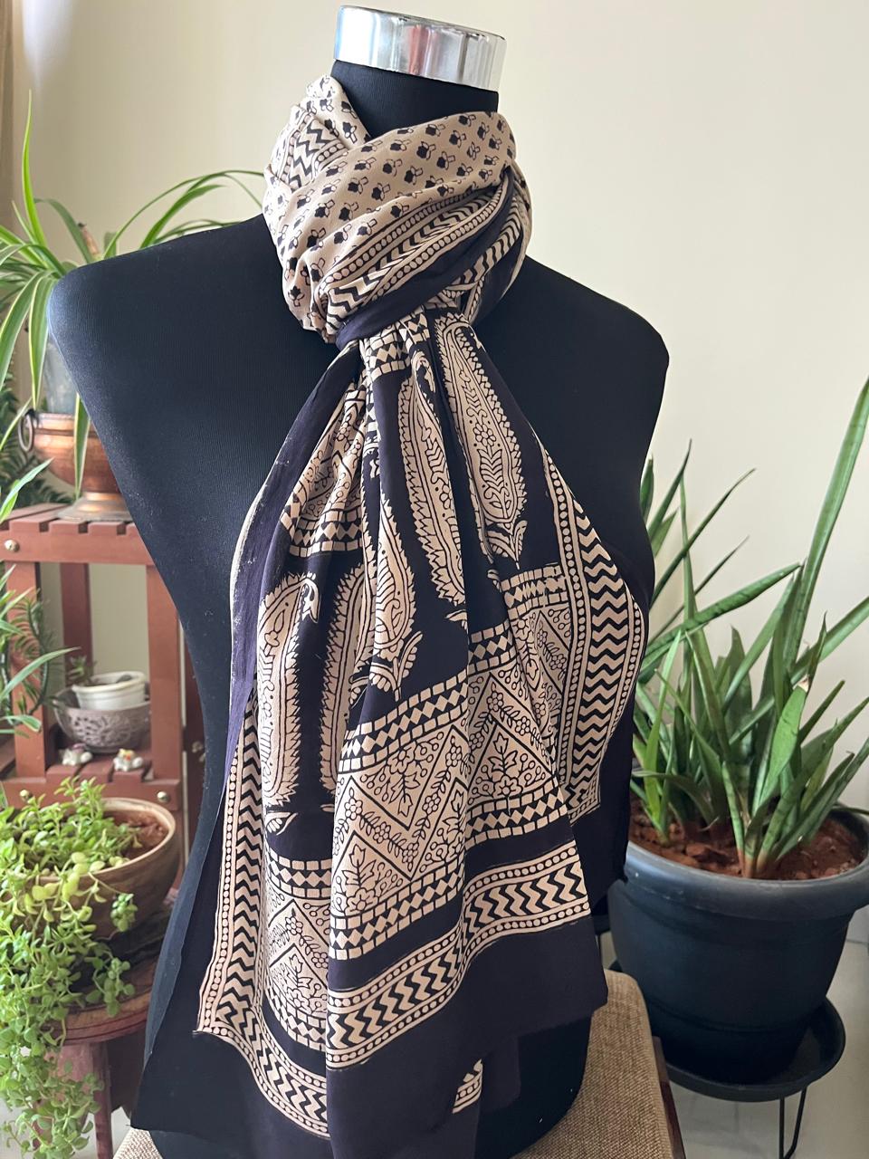 Beautiful Crepe Bagh Handblock Print Stole- Black with Beige