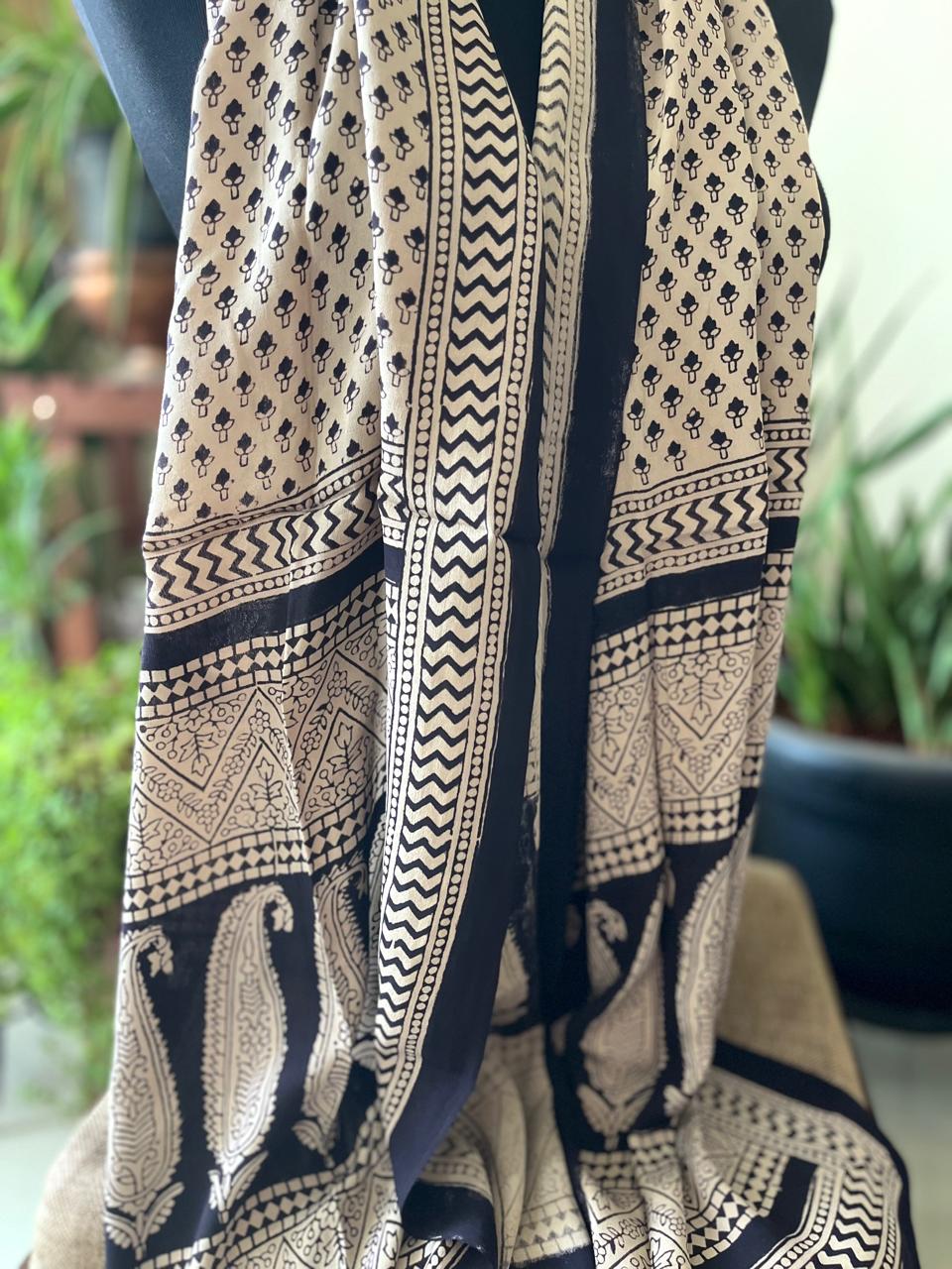 Beautiful Crepe Bagh Handblock Print Stole- Black with Beige