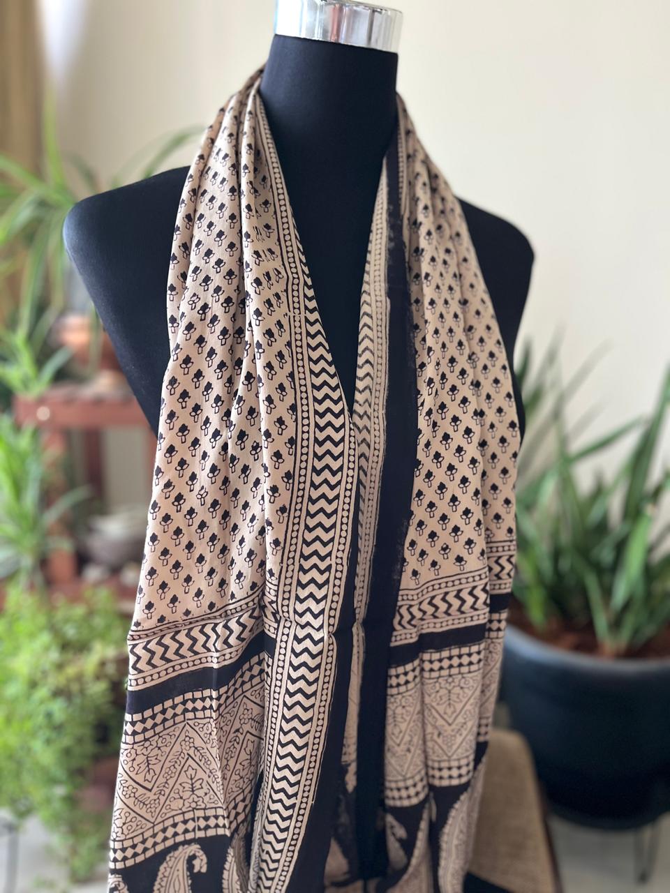 Beautiful Crepe Bagh Handblock Print Stole- Black with Beige